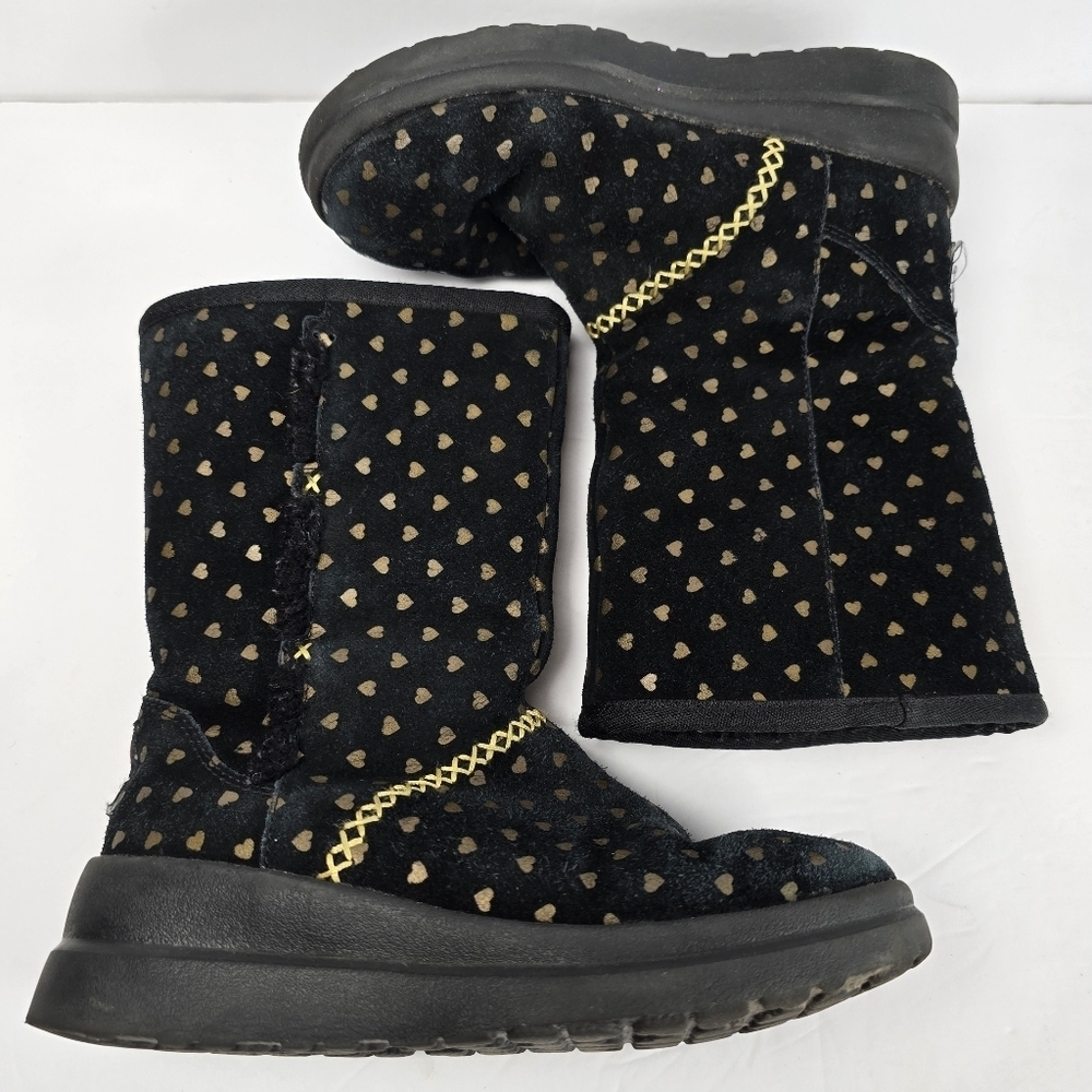 UGG I Heart Girls Black Suede Boots With Gold Hearts/Gold Rope Detail Size 3 - Picture 7 of 14